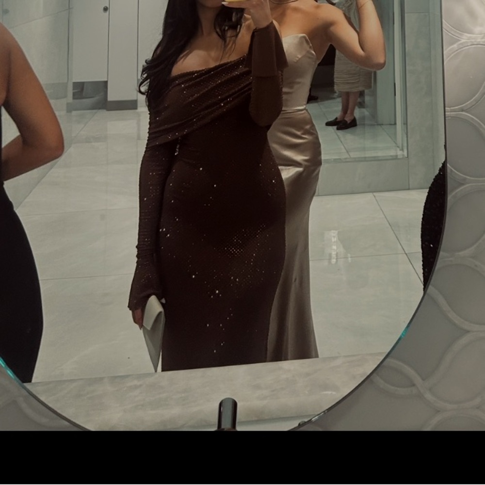Meshki Chocolate Brown One-Shoulder Dress with Subtle Sparkle